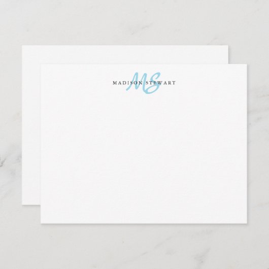 Light Blue Modern Stylish Brush Script Monogram Mitteilungskarte (Vorne/Hinten)