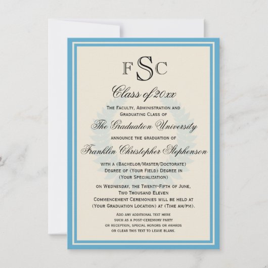 Light Blue Monogram Laurel Uni-Abschluss Einladung (Vorderseite)