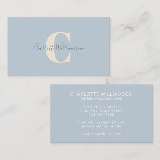 Light Blue Monogram mit Skriptname Overlay Visitenkarte (Vorne/Hinten)
