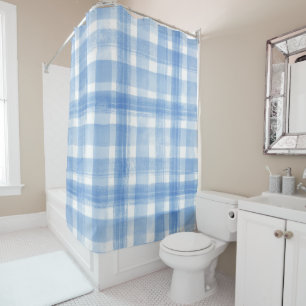 Light Blue n White Watercolor Gingham Checked Duschvorhang
