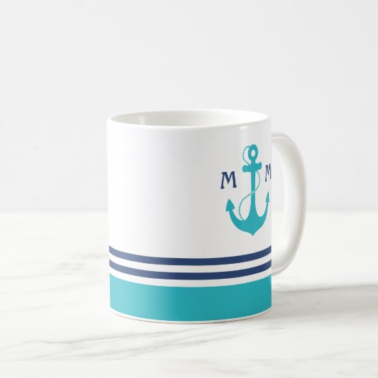 Light Blue Nautic Monogram Kaffeetasse (VorderseiteRechts)