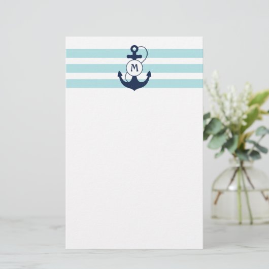Light Blue Nautical Anchor mit Monogram Briefpapier (Stehend Vorderseite)