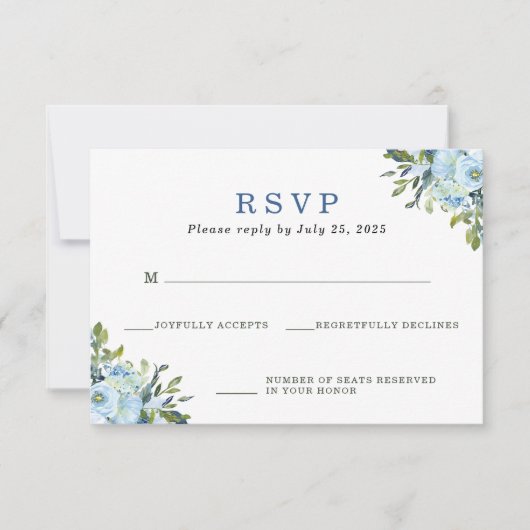 Light Blue Navy Floral Watercolor Wedding RSVP Karte (Vorderseite)