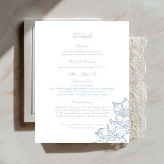 Light Blue Outline Floral Wedding Details Card Begleitkarte