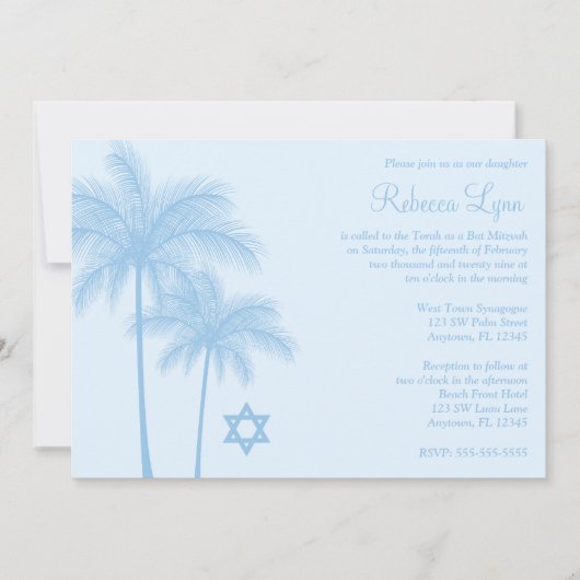 Light Blue Palm Tree Tropical Bat Mitzvah Einladung (Vorderseite)