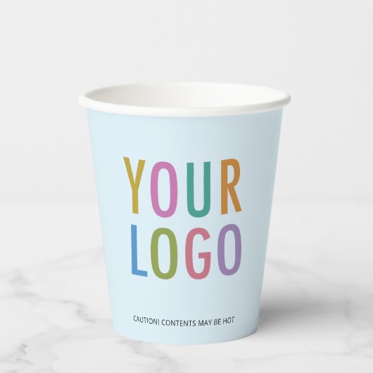 Light Blue Paper Cups Custom Business Logo 8 oz Pappbecher (Vorderseite)