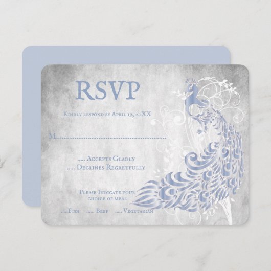 Light Blue Peacock Leaf Vine Wedding RSVP Card (Vorne/Hinten)