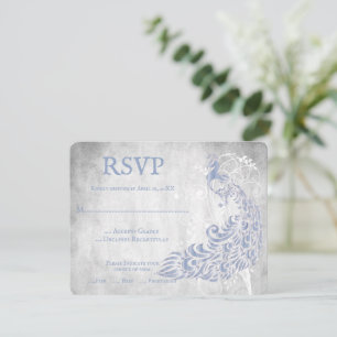 Light Blue Peacock Leaf Vine Wedding RSVP Card Karte