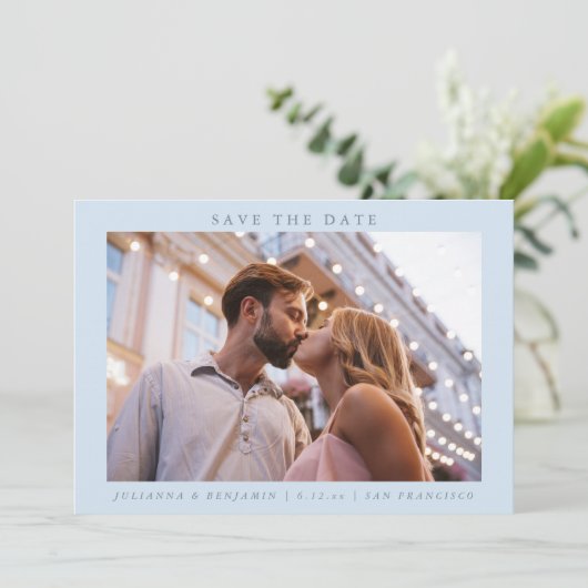 Light Blue Photo Minimalist Modern Elegant Wedding Save The Date (Stehend Vorderseite)
