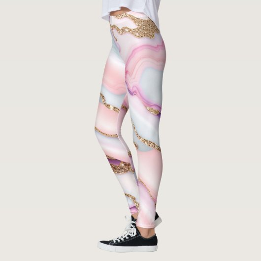 Light Blue Pink Agate Marble Moderne Kollektion Leggings (Links)
