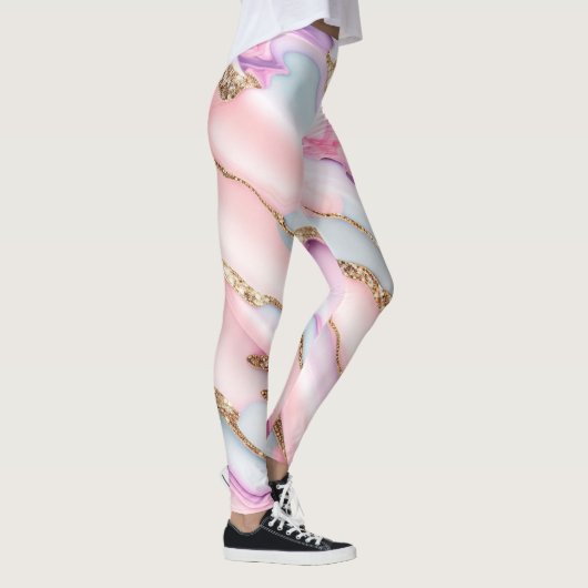 Light Blue Pink Agate Marble Moderne Kollektion Leggings (Rechts)