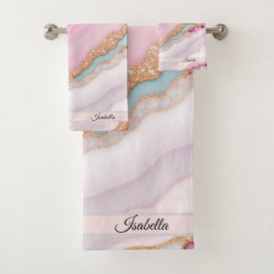 Light Blue Pink Agate Marble Trendy Collection Badhandtuch Set