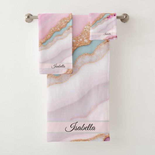 Light Blue Pink Agate Marble Trendy Collection Badhandtuch Set (Insitu)