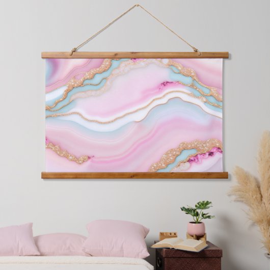 Light Blue Pink Agate Marble Trendy Collection Wandteppich Mit Holzrahmen (Schlafzimmer)