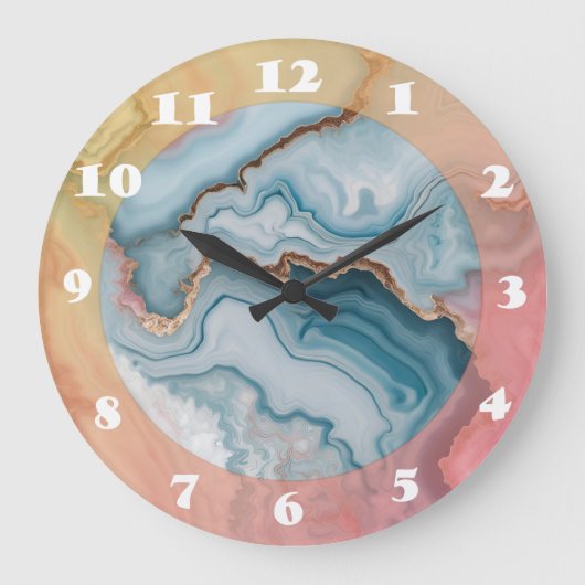 Light Blue Pink Gold Agate Marble Modernes Design Große Wanduhr (Vorderseite)