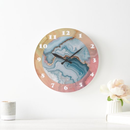 Light Blue Pink Gold Agate Marble Modernes Design Große Wanduhr (Zuhause)
