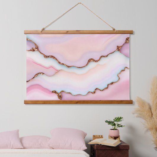 Light Blue Pink Marble Agate Modern Collection Wandteppich Mit Holzrahmen (Schlafzimmer)