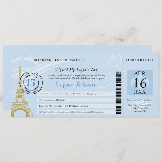 Light Blue Quinceanera Boarding Pass - Paris Einladung (Vorne/Hinten)