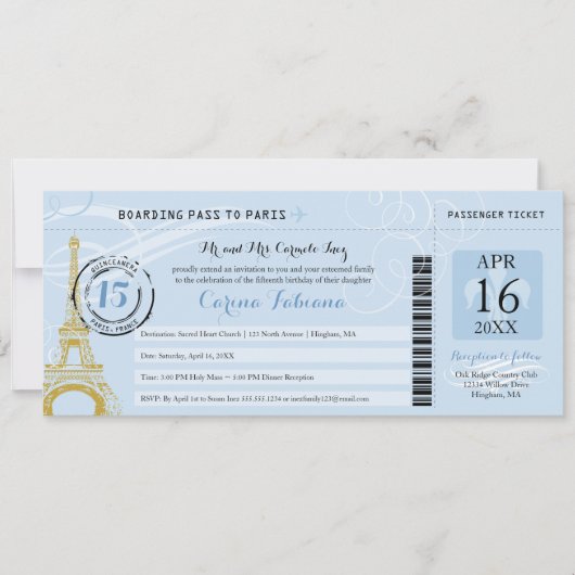 Light Blue Quinceanera Boarding Pass - Paris Einladung (Vorderseite)