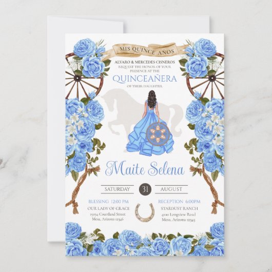 Light Blue Quinceanera Elegante Rose Western Charr Einladung (Vorderseite)