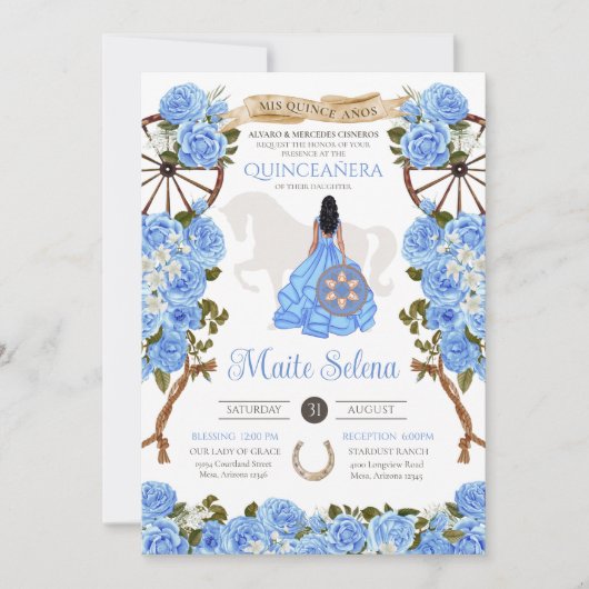 Light Blue Quinceanera Elegante Rose Western Charr Einladung (Vorderseite)