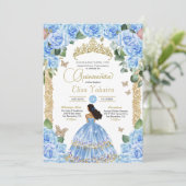 Light Blue Rose & Gold Butterfly Quinceñera Einladung (Stehend Vorderseite)