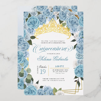 Light Blue Rose Princess Quinceanera Real Gold Folieneinladung