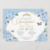 Light Blue Rosen floral Tiara Butterfly Quinceaner Einladung (Vorne/Hinten)