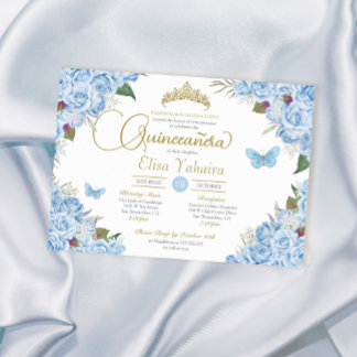 Light Blue Rosen floral Tiara Butterfly Quinceaner Einladung
