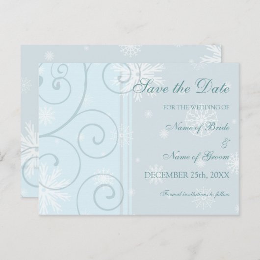 Light Blue Save the Date Winter Wedcard Ankündigungspostkarte (Vorne/Hinten)
