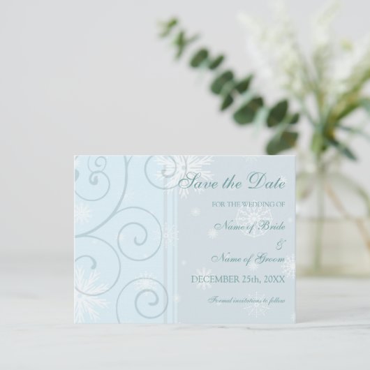 Light Blue Save the Date Winter Wedcard Ankündigungspostkarte (Stehend Vorderseite)