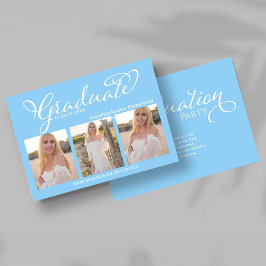 Light Blue Script Photo Collage Graduation Card Einladung