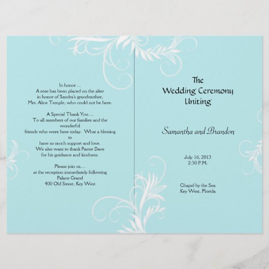 Light Blue Scrollwork Folded Wedding Programm (Vorderseite)