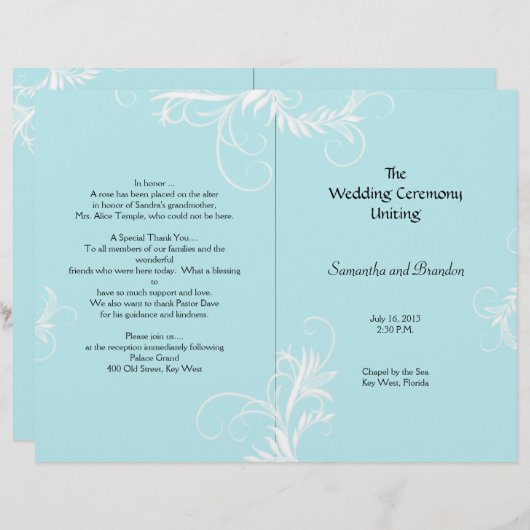 Light Blue Scrollwork Folded Wedding Programm (Vorne/Hinten)
