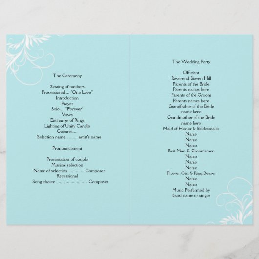 Light Blue Scrollwork Folded Wedding Programm (Rückseite)