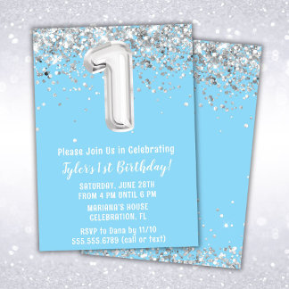 Light Blue Silver 1. Geburtstag Party Einladung