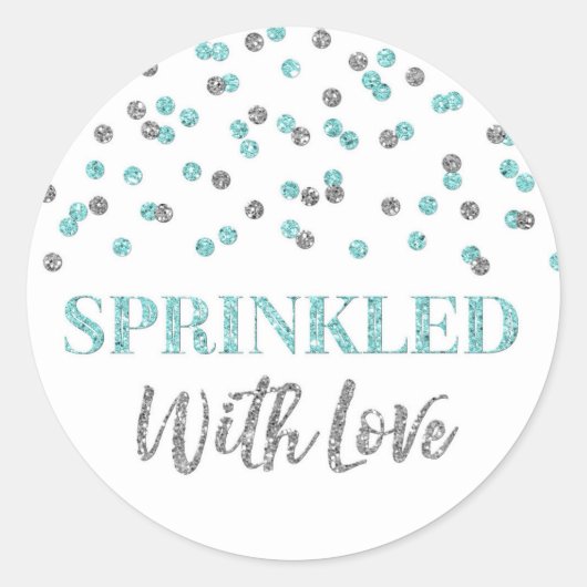 Light Blue Silver Confetti mit Liebe gesprinklt Runder Aufkleber (Vorderseite)