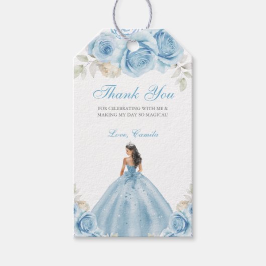 Light Blue & Silver Floral Princess Quinceañera Geschenkanhänger (Vorderseite)