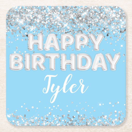 Light Blue Silver Geburtstagsparty Rechteckiger Pappuntersetzer (Vorderseite)