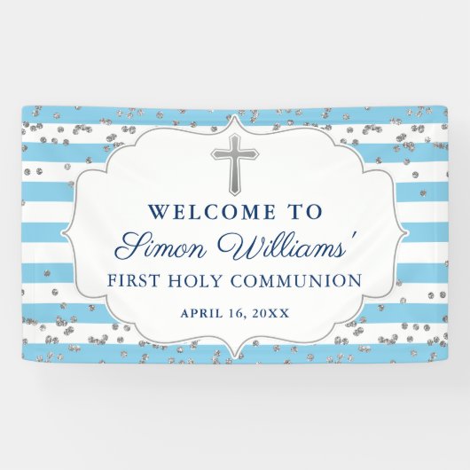 Light Blue Silver Glitzer Erste Heilige Kommune Banner (Horizontal)