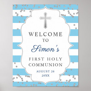 Light Blue Silver Glitzer Erste Kommune Willkommen Poster