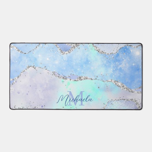 Light Blue Silver Glitzer Sparkle Agate Monogram Schreibtischunterlage (Vorderseite)