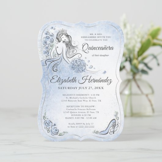 Light Blue Silver Princess Quinceanera Birthday Einladung (Stehend Vorderseite)