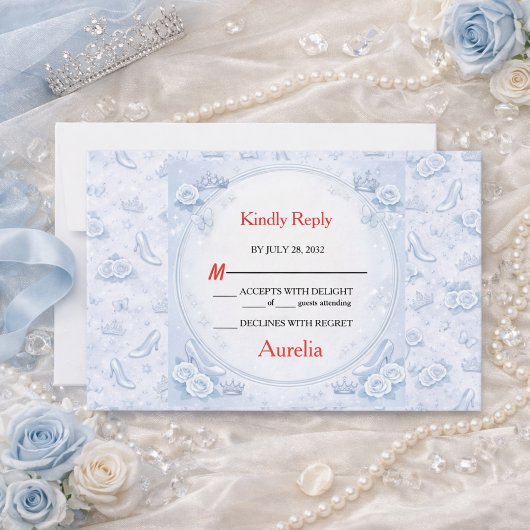Light Blue Silver Princess Quinceañera RSVP Karte