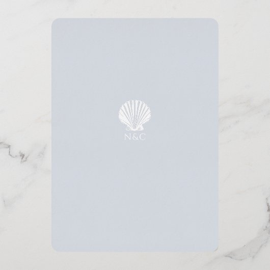 Light Blue Silver Seashell Wedding invitation Folieneinladung (Rückseite)
