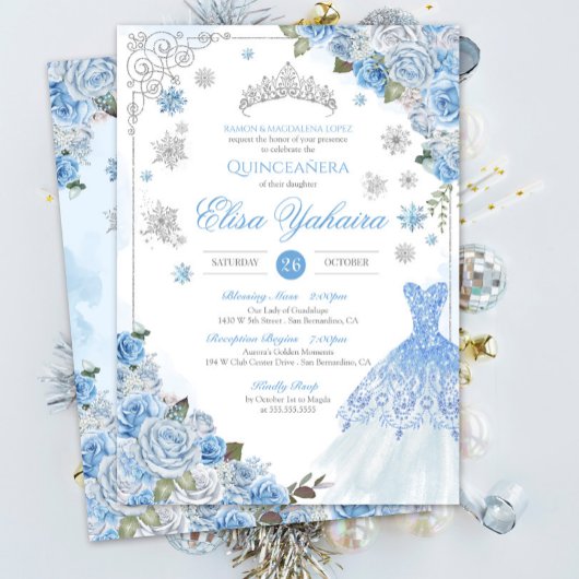 Light Blue Silver Snowflake Winter Quinceanera Einladung