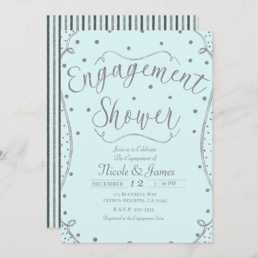Light Blue & Silver Verlobung Dusche Einladung (Vorne/Hinten)