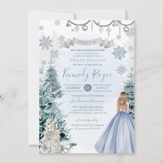 Light Blue Silver Winter Schnee Sweet 16 Geburtsta Einladung (Vorderseite)