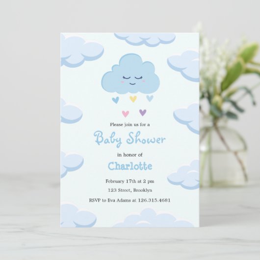 Light Blue Simple Cloud Baby Dusche Einladung (Stehend Vorderseite)