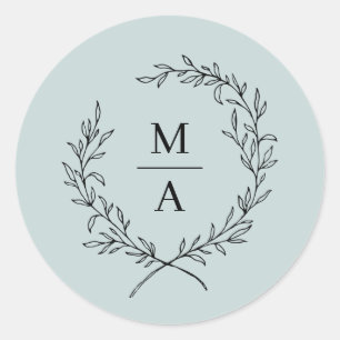 Light Blue Simple Elegant Laurel Wreath Monogram Runder Aufkleber